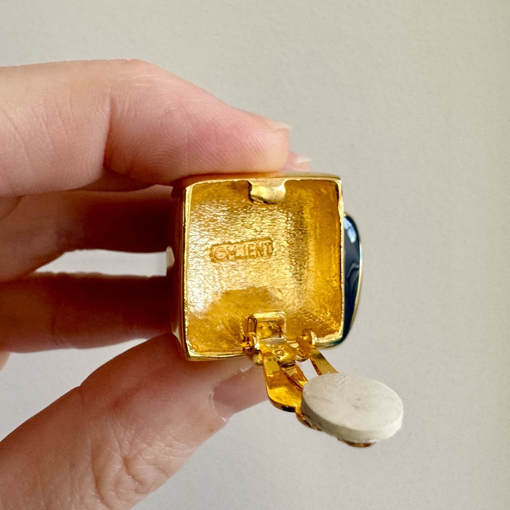 Vintage 80s C.M.Lent Gold & Navy Enamel Square Fashion Clip-On Earrings - Picture 13 of 16
